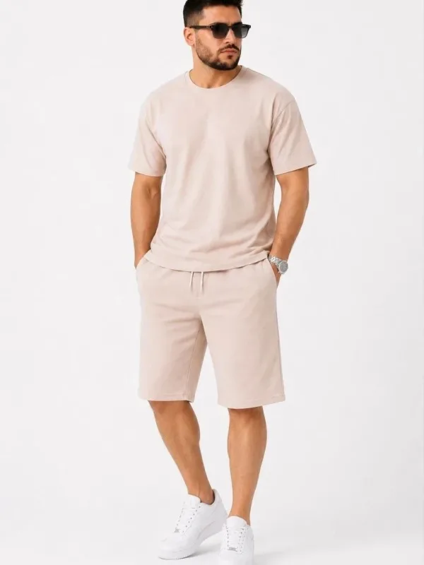 Férfi 2 részes szett oversized kétfonalas anyag póló rövidnadrág szett 3