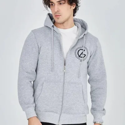 Men's Gray 3-Thread Cotton Zippered Hooded Printed Hoodie 7