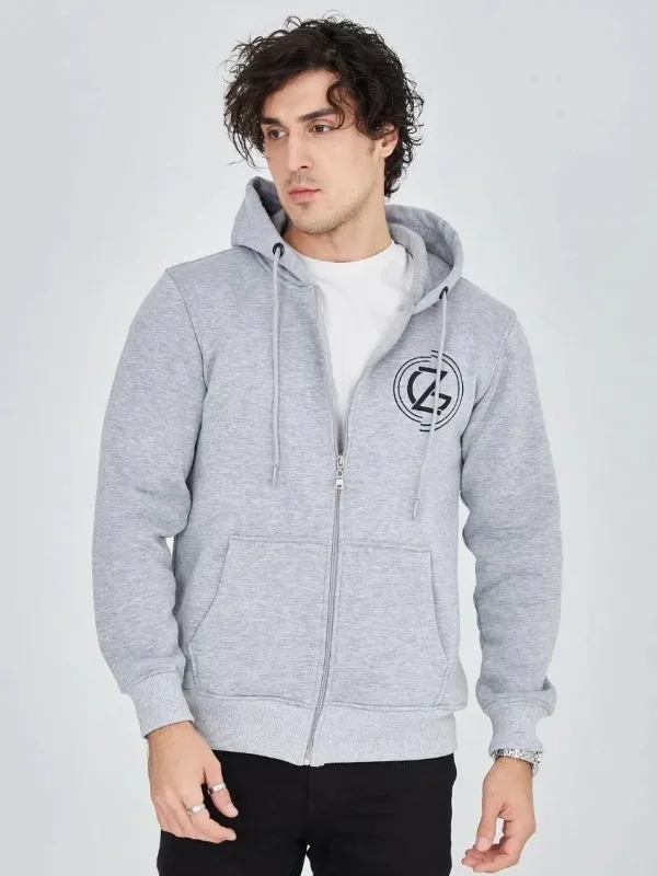 Men's Gray 3-Thread Cotton Zippered Hooded Printed Hoodie 7