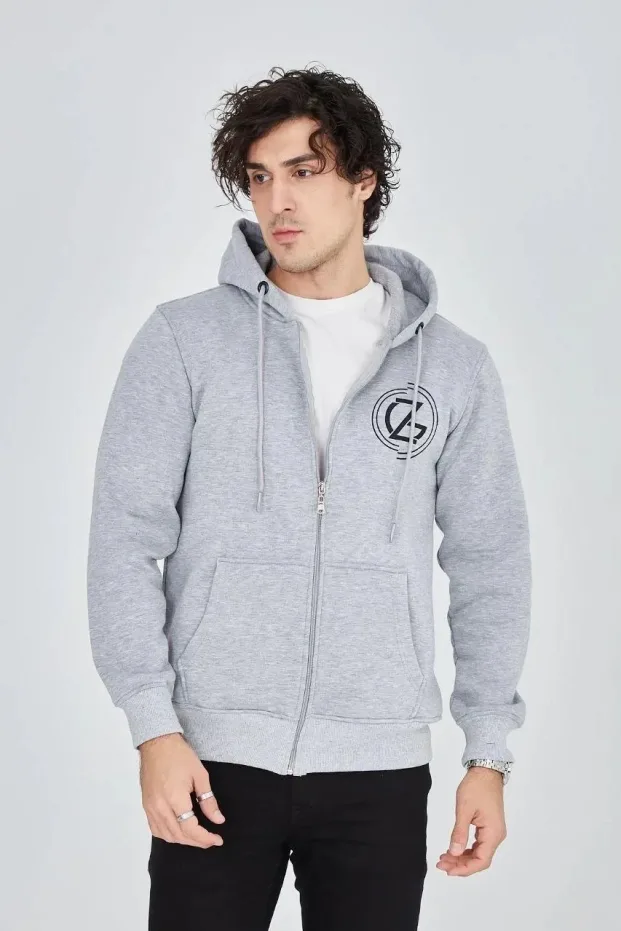 Erkek Gri 3 İplik Pamuklu Fermuarlı Kapüşonlu Baskılı Hoodie 7