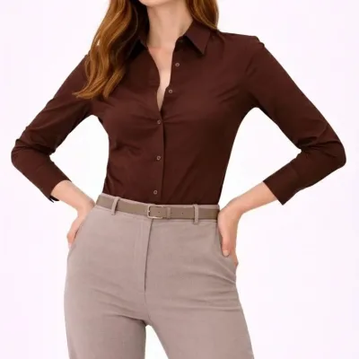 Women's Brown Classic Collar Buttoned Long Sleeve Daily Office Shirt 7
