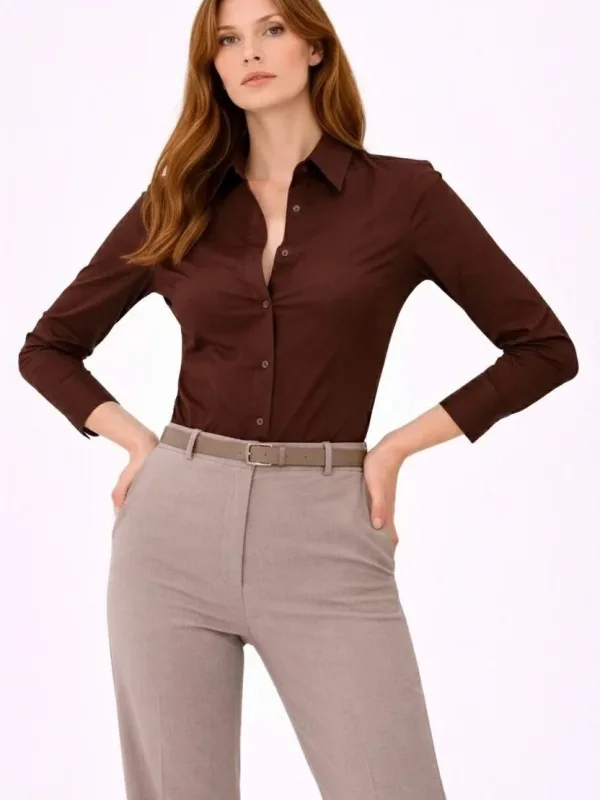Women's Brown Classic Collar Buttoned Long Sleeve Daily Office Shirt 7