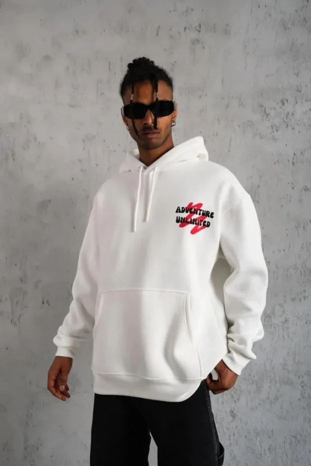 Sweatshirtê Mêran ê Spî, Oversize, 3 Têl, Pembû, Bi Kevan, Bi Çapkirin 3