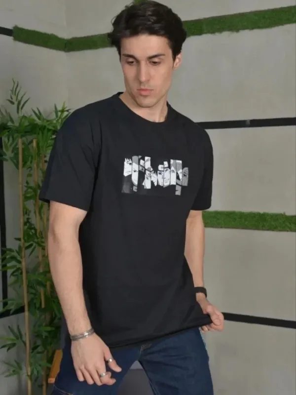 Bluzë e zezë për meshkuj, e madhe, me jakë biçiklete, e printuar, verore 2