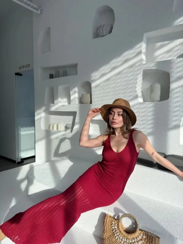 Ženska Bordo Pletena Duga Triko Haljina 4