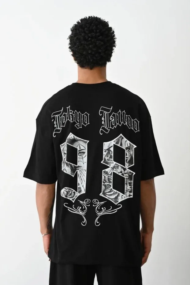Men's Black Oversize Crew Neck Printed Summer T-Shirt 1