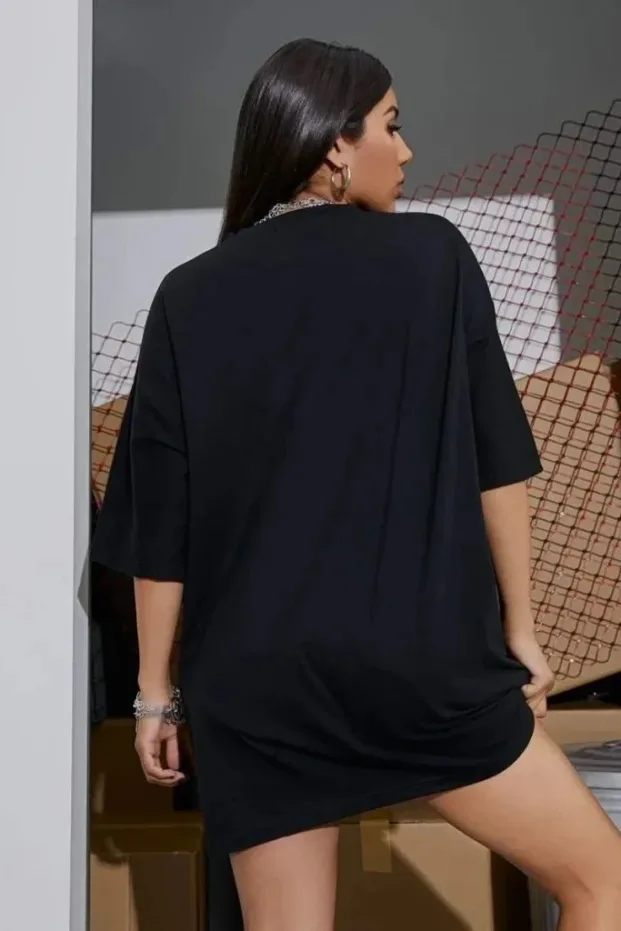Γυναικείο Μαύρο Oversize Ποδηλατόλαιμο Τυπωμένο Άνετο Μπλουζάκι 2