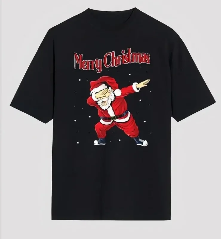 Pánské černé oversized tričko s potiskem Santa Clause, cyklistický límec