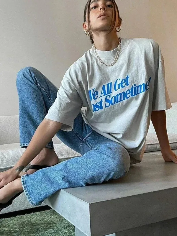 Női Fehér Oversize Nyomott Rövid Ujjú Póló 5