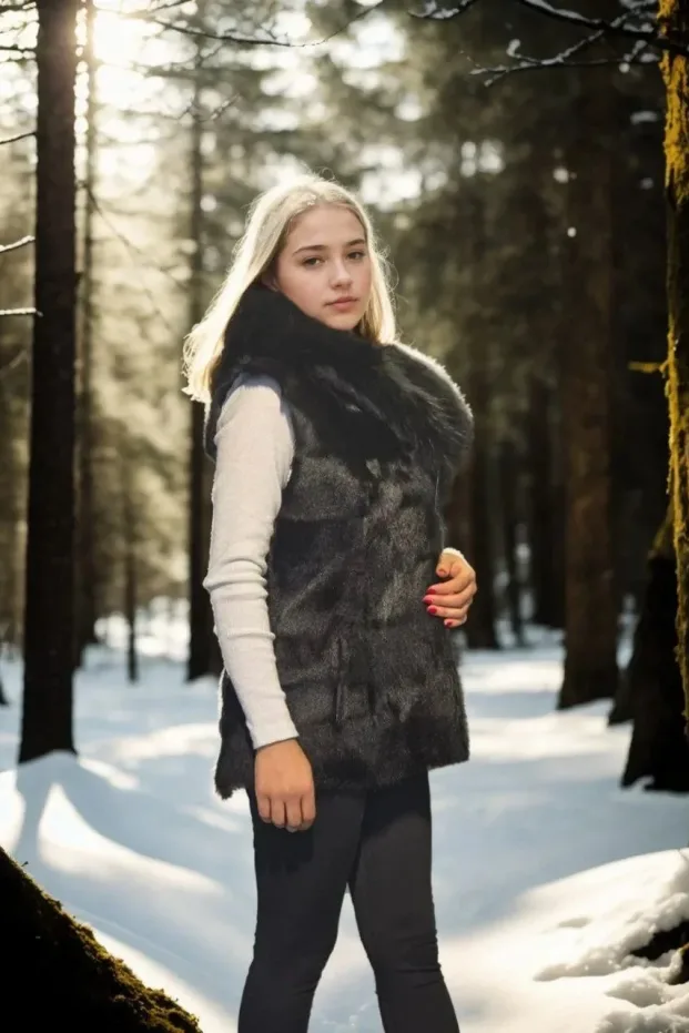 Dámska čierna pravá kožušina bez rukávov kapucňa vesta 3
