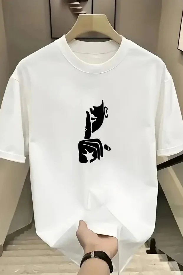 Kadın Beyaz Oversize Bisiklet Yaka Baskılı Pamuklu Tişört 1
