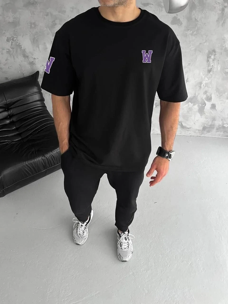 Men's Black Crew Neck Printed Oversize Short Sleeve T-Shirt