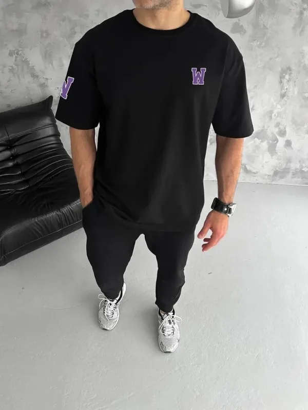 Men's Black Crew Neck Printed Oversize Short Sleeve T-Shirt 1