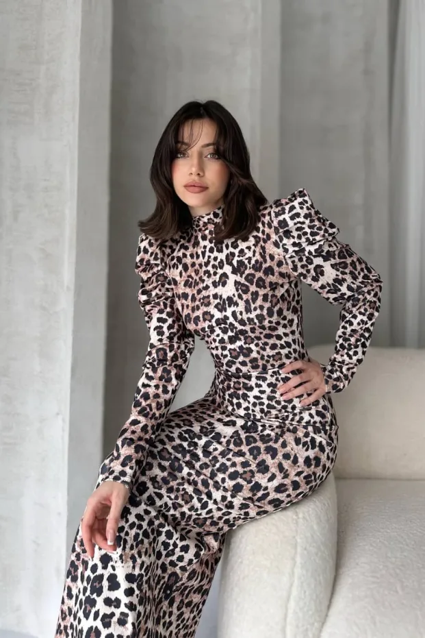 Back Cutout Leopard Pattern Dress Beige 1