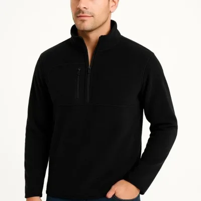 Pánský černý poloviční zip stojáček polarový svetr s náprsní kapsou 4