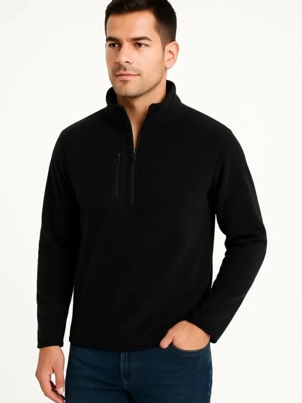 Pánský černý poloviční zip stojáček polarový svetr s náprsní kapsou 4