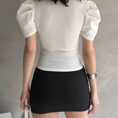 Cross Collar Melon Sleeve Crepe Blouse White 5