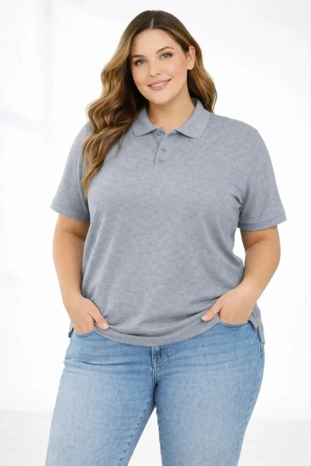 Kadın Gri Oversize Pike Kumaş Polo Yaka Kısa Kol Tişört 1