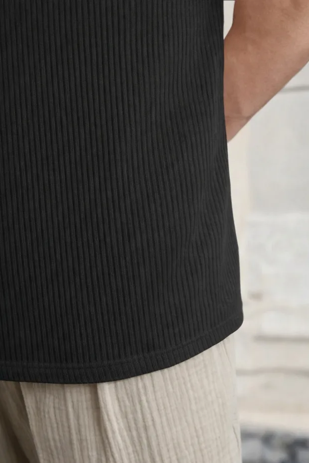 Siyah Oversize Fitilli Pamuk Bol Kesim Bisiklet Yaka T-Shirt 4