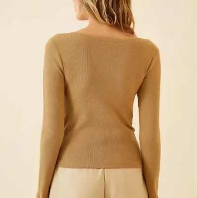 Dámské crop body, velbloudí, žebrované, lycrové 5