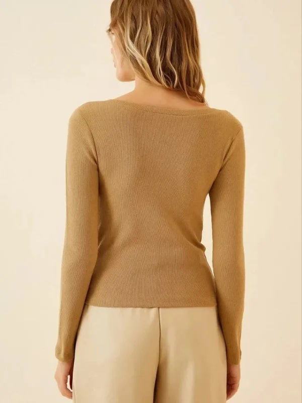 Dámské crop body, velbloudí, žebrované, lycrové 5