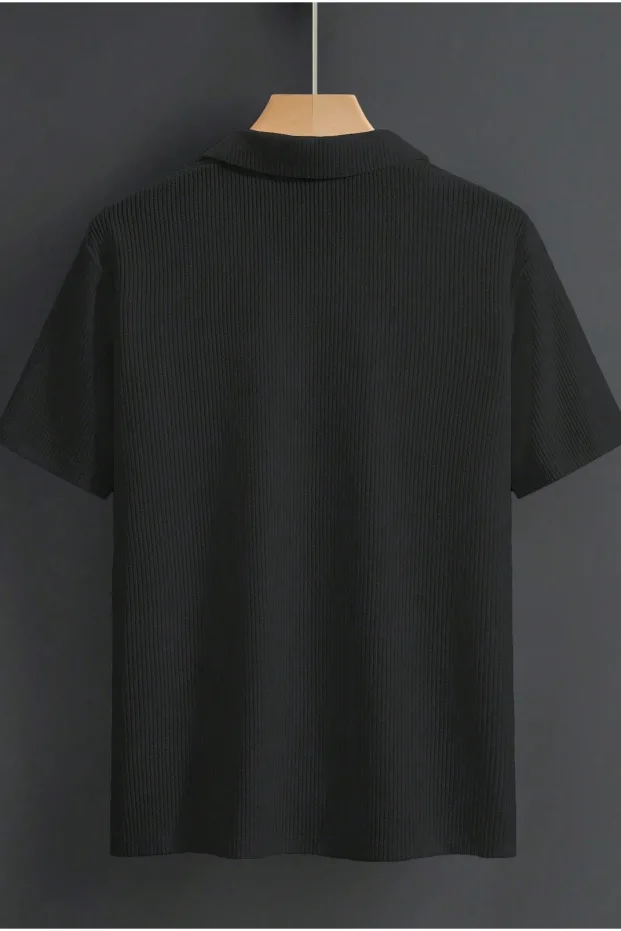 Erkek Siyah Oversize Bisiklet Yaka Fitilli Pamuklu Polo Tişört 2