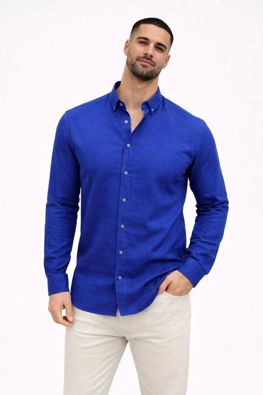 Camașă pentru bărbați, bleumarin, regular fit, din material in, cu mânecă lungă
