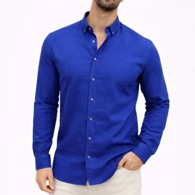 Camașă pentru bărbați, bleumarin, regular fit, din material in, cu mânecă lungă 1