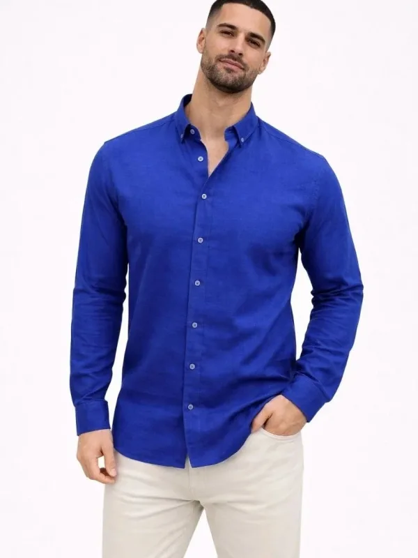 Camașă pentru bărbați, bleumarin, regular fit, din material in, cu mânecă lungă 1