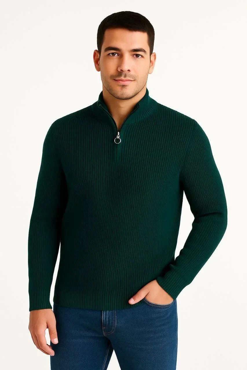 Męski Khaki Regular Fit Sweter z Półzamkiem, Stójka, Bawełniana Dzianina