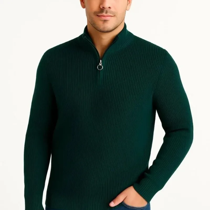 Masculin Haki Regular Fit Jumatate Fermoar Guler Drept Bumbac Tricot Pulover