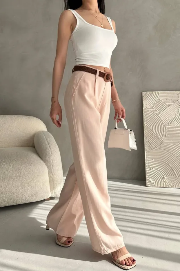 Belted Linen Pants Light Beige 2