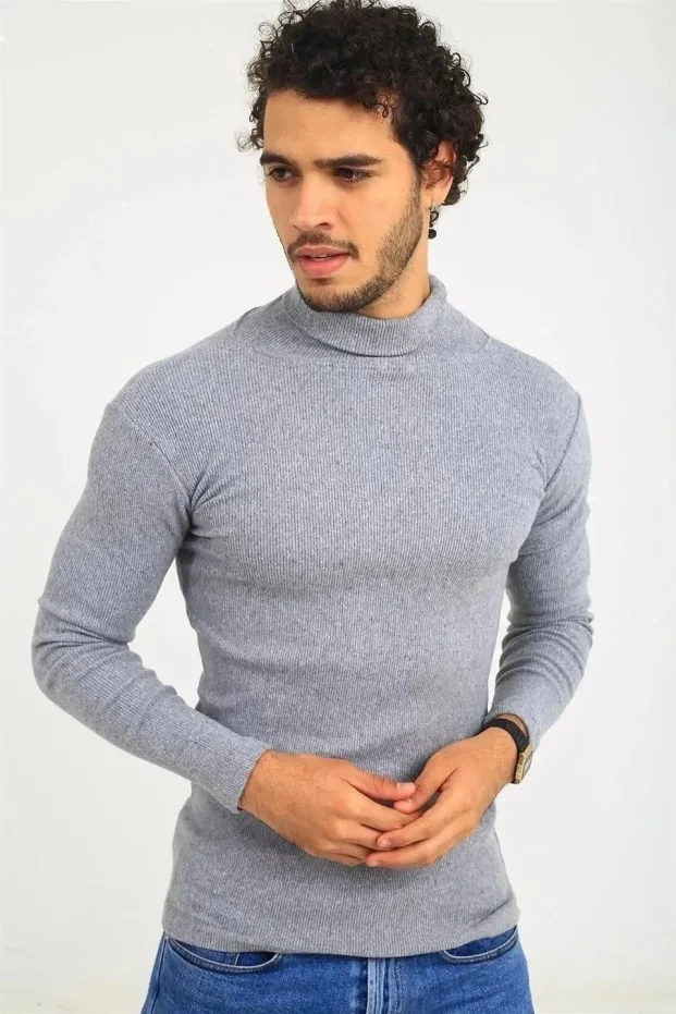 Erkek Gri Likralı Fitilli Boğazlı Uzun Kollu Body 3
