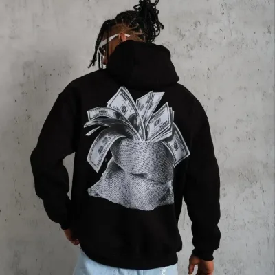 Erkek Siyah Oversize 3 İplik Pamuklu Baskılı Cepli Kapüşonlu Sweatshirt 2