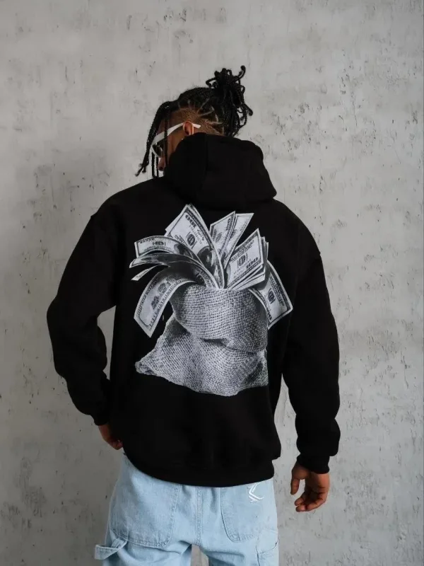 Erkek Siyah Oversize 3 İplik Pamuklu Baskılı Cepli Kapüşonlu Sweatshirt 2