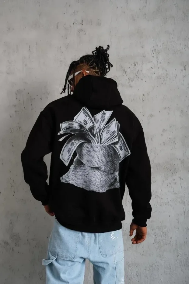 Sweatshirtê Mêran ê Reş ê Oversize 3 Têlî Pembû Bi Qapûşon û Çapkirî û Bêrîk 2