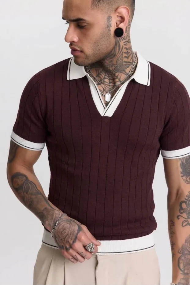 Erkek Bordo Basic Kısa Kollu Polo Yaka Triko Tişört 2
