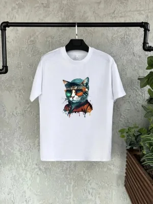 Dziecięcy biały oversize z nadrukiem, kołnierz rowerowy T-shirt