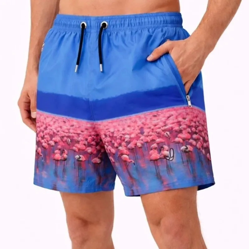 Men's Blue Zippered Pocket Mesh Lined Quick-Dry Swim Shorts