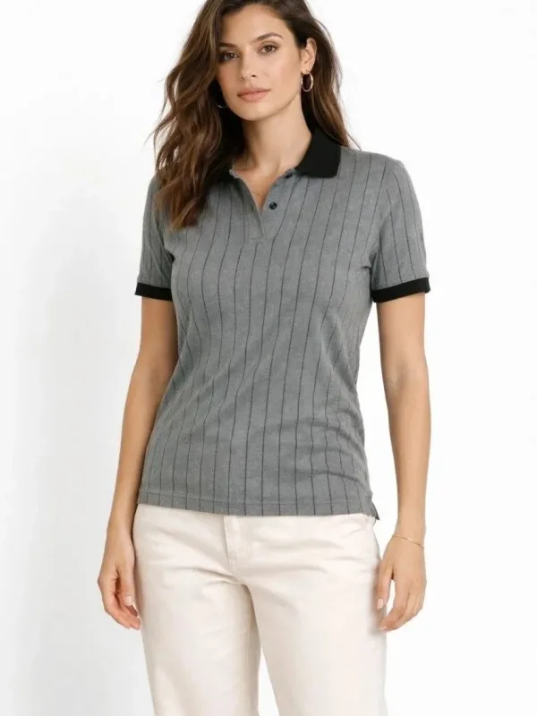 Women's Gray Striped Polo Neck Short Sleeve Button T-Shirt 1