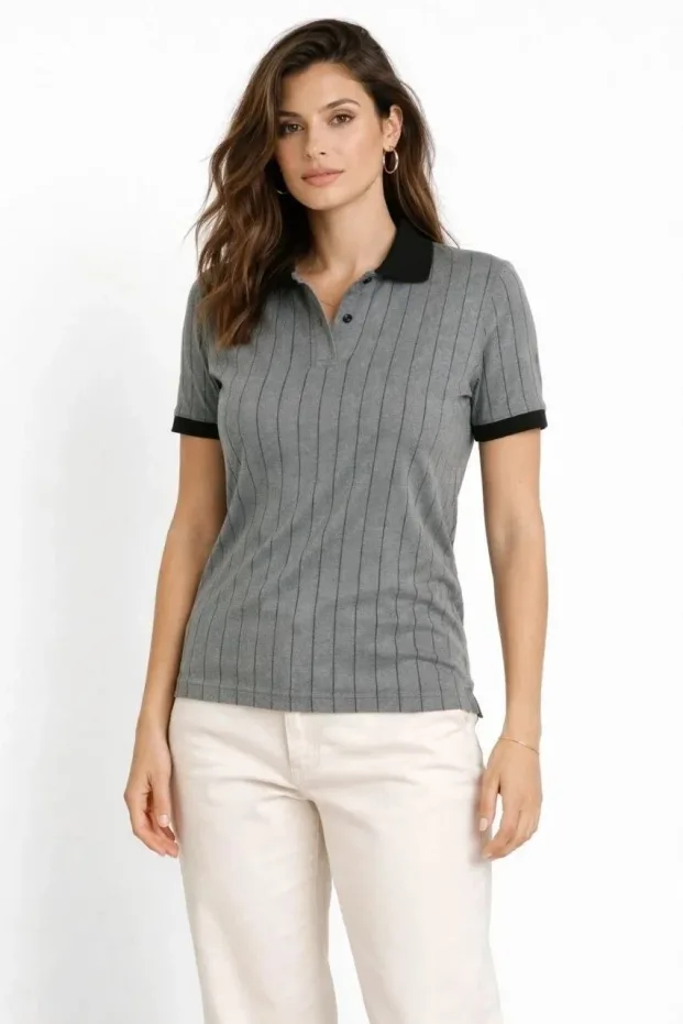 Women's Gray Striped Polo Neck Short Sleeve Button T-Shirt 1