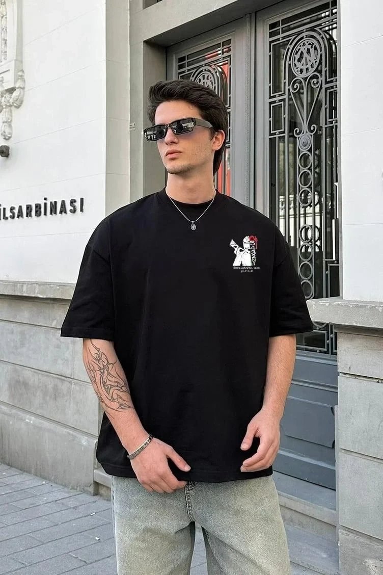 Erkek Beyaz Oversize Bisiklet Yaka Baskılı Yazlık Tişört