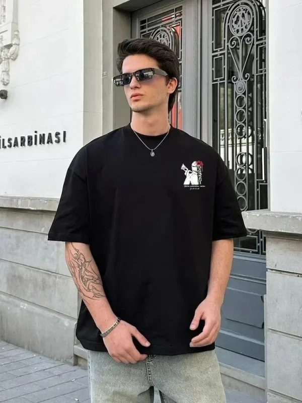 Bluzë për meshkuj, e bardhë, oversize, me jakë biçiklete, verore me printim 1
