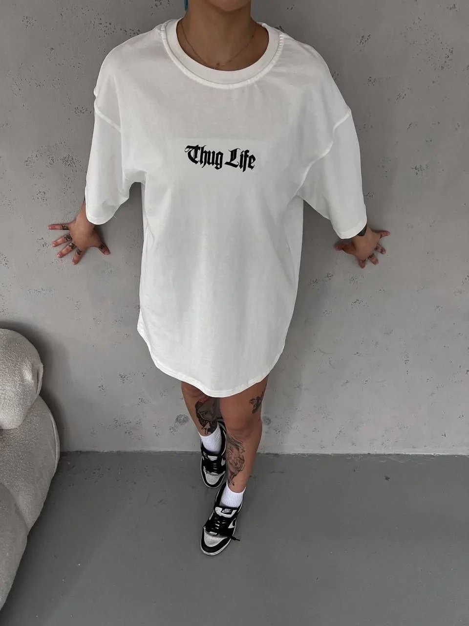 Kadın Beyaz Oversize Bisiklet Yaka Baskılı Yazlık Tişört