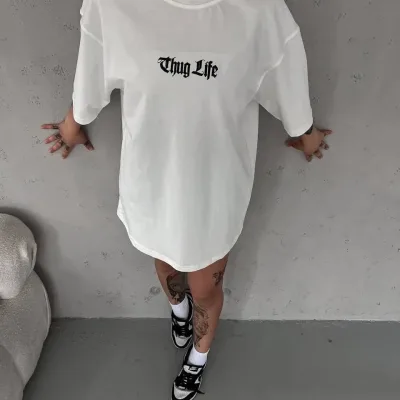 Bluzë për femra e bardhë, oversize, me jakë biçiklete, me printim, verore 1