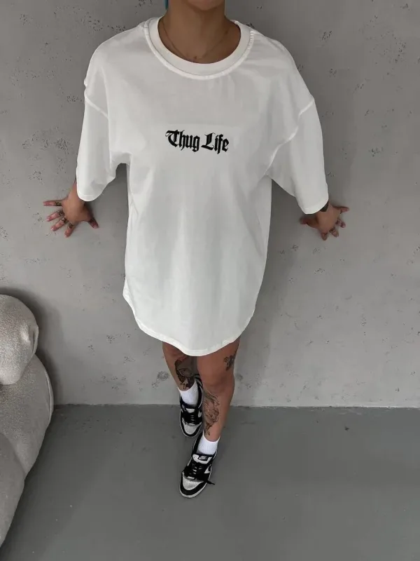 Femeie Tricou Alb Oversize Guler Bicicleta Imprimat Vara