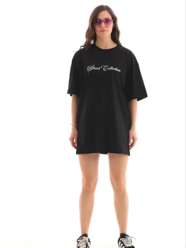 Femeie Negru Oversize Guler Bicicletă Imprimat Tricou 2