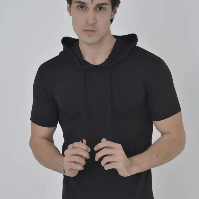 Femei Negru Slimfit Guler Bicicletă Cu Glugă Mânecă Scurtă Tricou