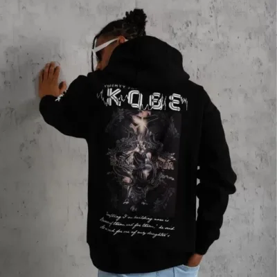 Машки црн Oversize 3-нишки памучен кенгур џеб качулка со принт Sweatshirt 4
