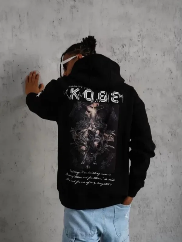 Машки црн Oversize 3-нишки памучен кенгур џеб качулка со принт Sweatshirt 4
